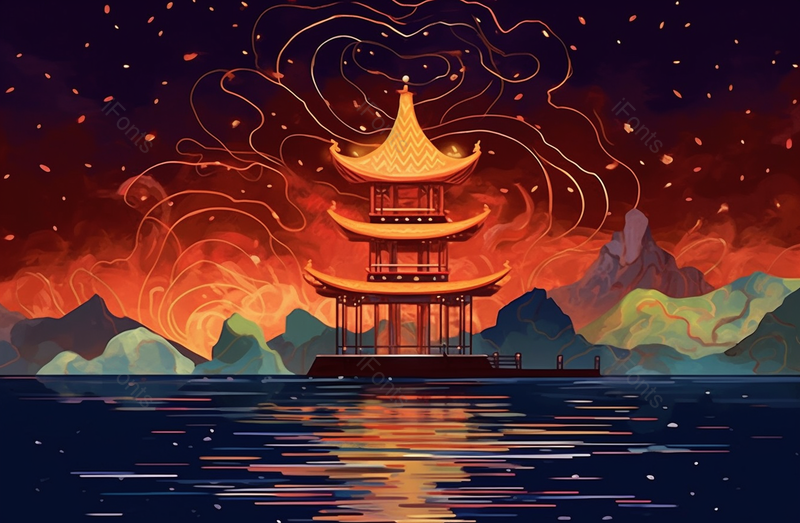中国风山水凉亭亭台楼阁夜空下宁静的湖面深邃黑暗插画,插画/手绘图,插画/手绘图库,插画/手绘图下载,插画/手绘